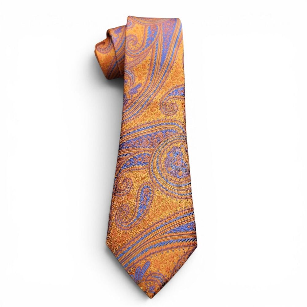 NWT Ted Baker 100% Silk Tie Made In Italy Orange Blue Paisley
